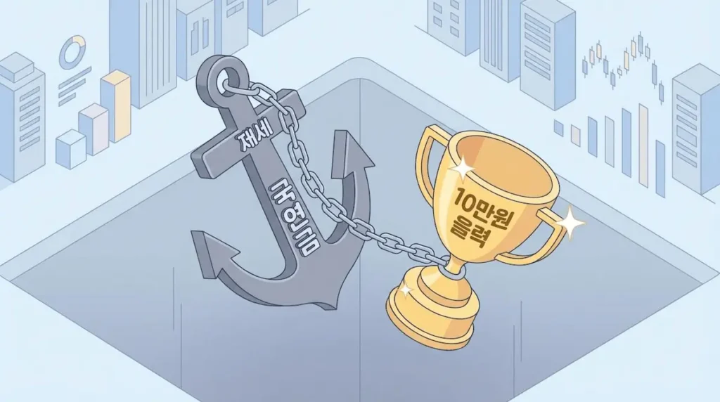 연봉 1억 원의 소득세와 국민연금 세금 부담을 표현한 무거운 닻 일러스트