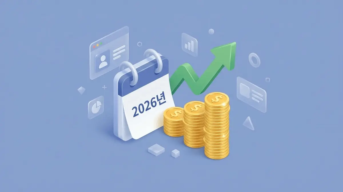 2026년 근로장려금 신청자격과 지급액 상승을 상징하는 달력과 금화 더미 3D 일러스트