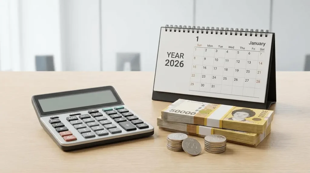 2026년 최저임금 월급 계산기와 한국 돈 이미지