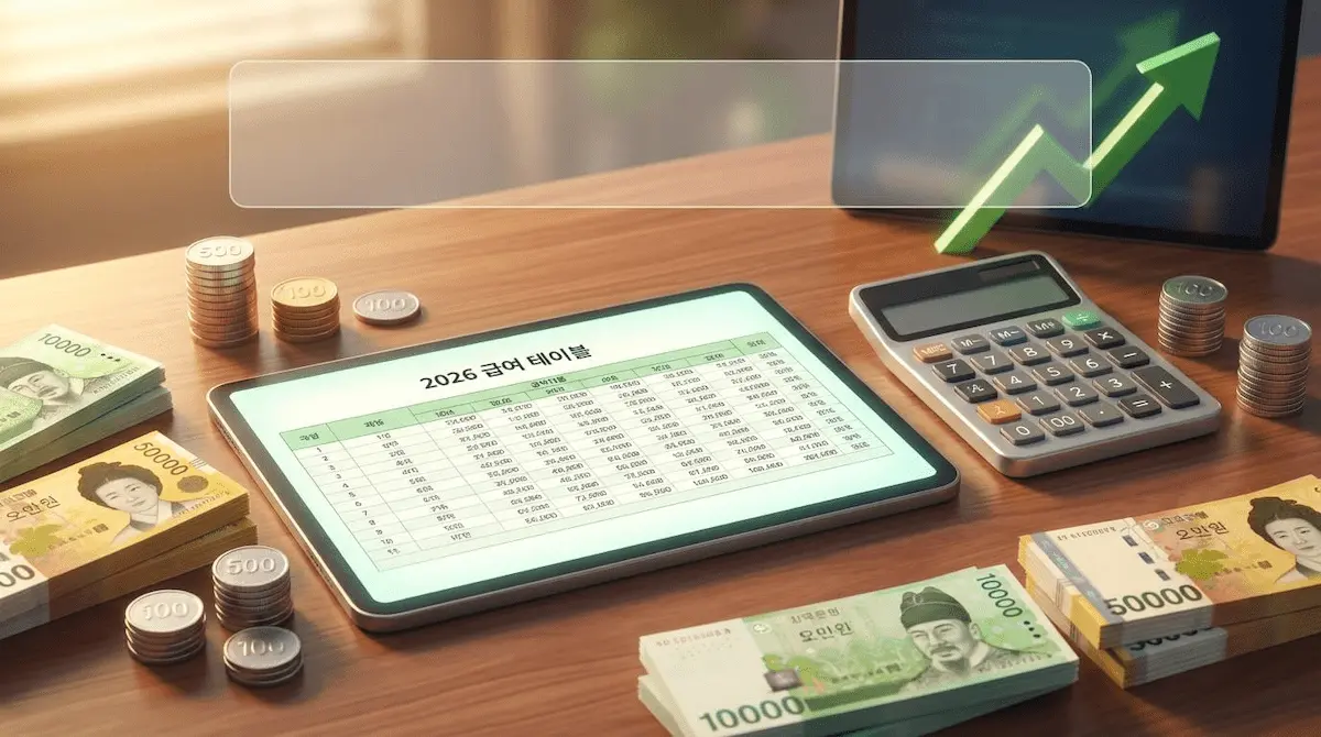 2026년 연봉 실수령액표와 계산기, 한국 돈이 놓여 있는 책상 이미지