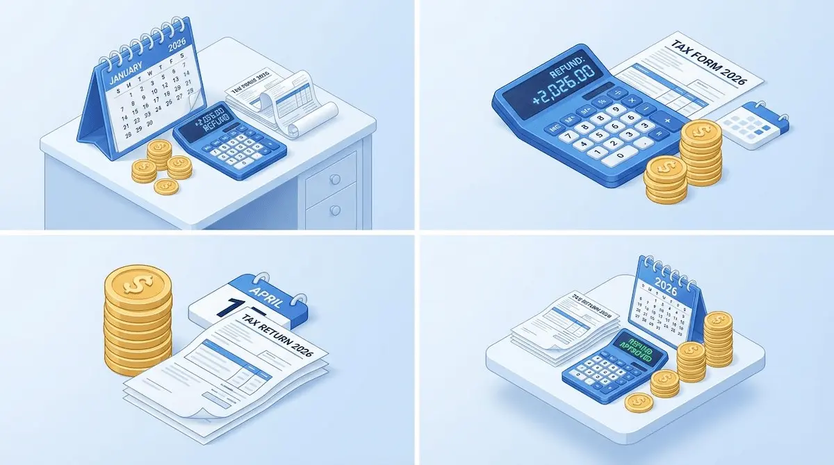 2026 연말정산 일정과 환급금 조회를 위해 달력과 계산기를 확인하는 3D 금융 일러스트
