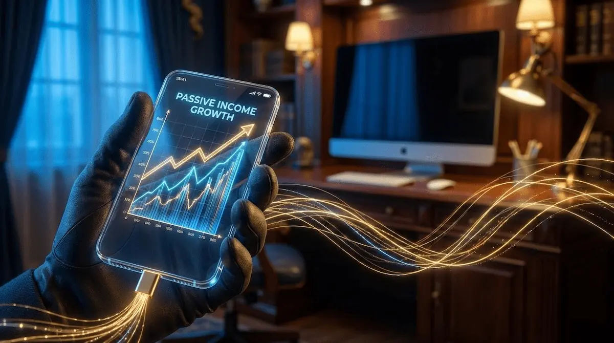 AI 자동화 수익 창출을 위한 로봇 팔과 데이터 차트 이미지