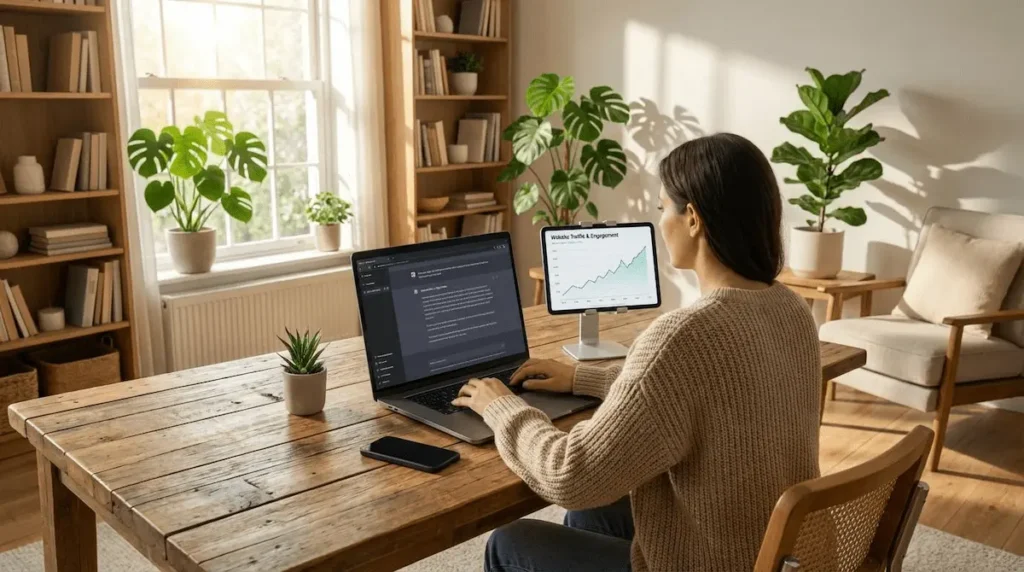 국민내일배움카드 신청자격을 통해 배운 AI 블로그 마케팅 기술로 재택근무하는 모습
