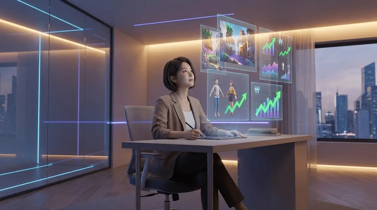 AI 이미지 수익화를 위한 디지털 아트 작업 환경과 상승하는 수익 그래프