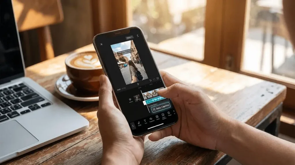 국민내일배움카드 신청자격으로 배운 AI 영상편집 기술을 스마트폰으로 실습하는 모습