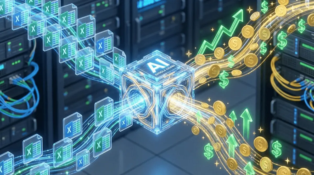 Gemini API 엑셀 자동화 기술과 안티그래비티 전략을 결합하여 무자본 수익 파이프라인을 구축하는 개념도