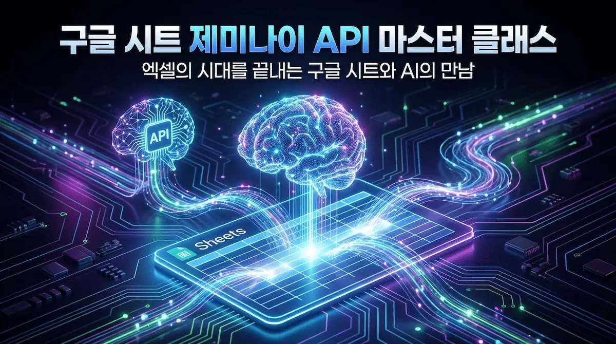 구글 시트와 제미나이 API가 융합되어 거대한 데이터 파이프라인을 형성하는 3D 그래픽