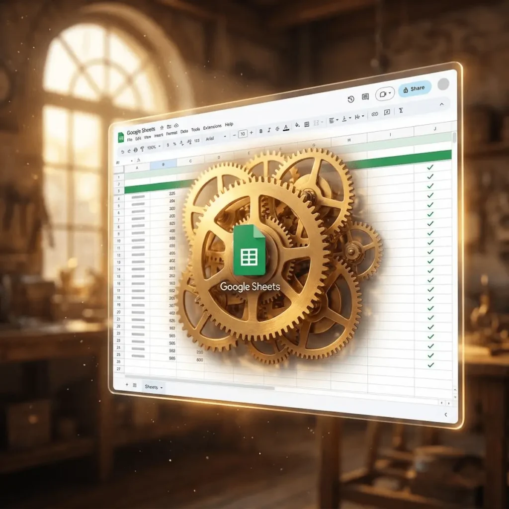 복잡한 기어와 톱니바퀴가 완벽하게 맞물려 돌아가는 황금빛 시계 태엽과 구글 시트 로고