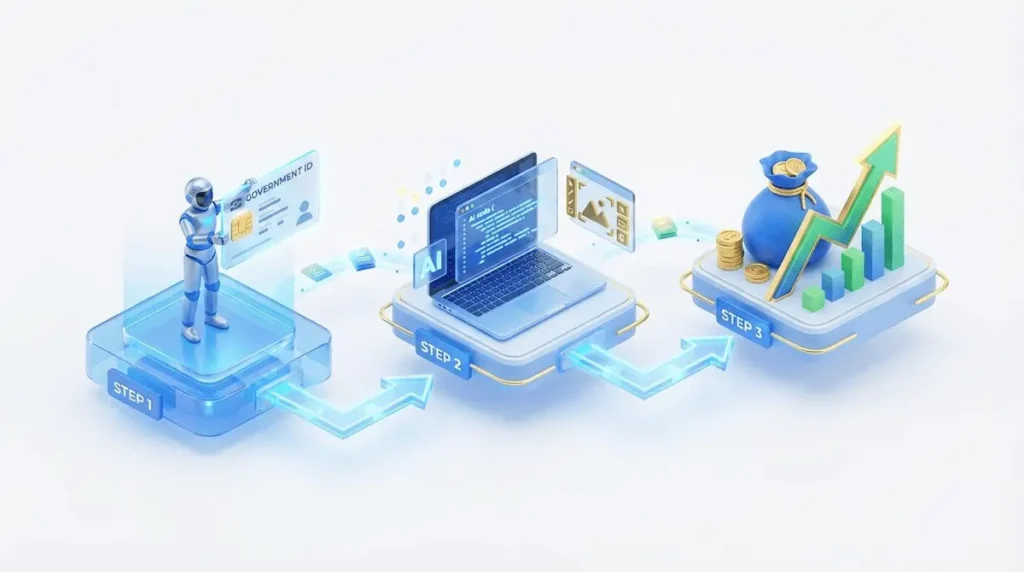 국민내일배움카드 신청자격을 갖춘 사람이 AI 기술을 배워 수익 그래프가 상승하는 과정