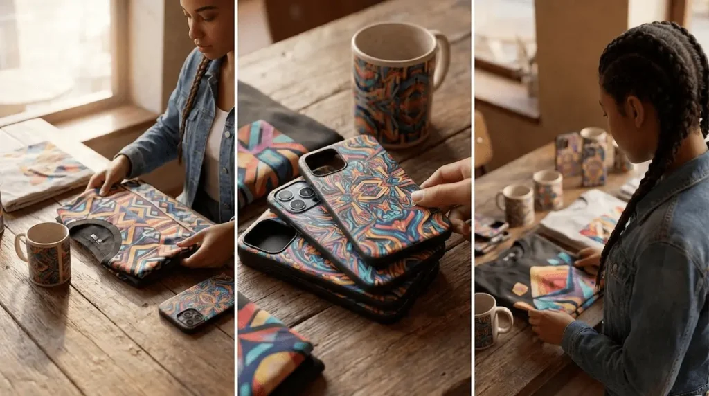 AI 이미지 수익화 모델인 POD 상품(티셔츠, 머그컵) 디자인 예시