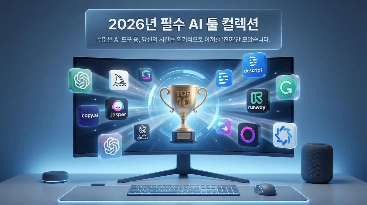 2026 AI 툴 추천 목록을 보여주는 홀로그램 아이콘들과 스마트한 작업 환경