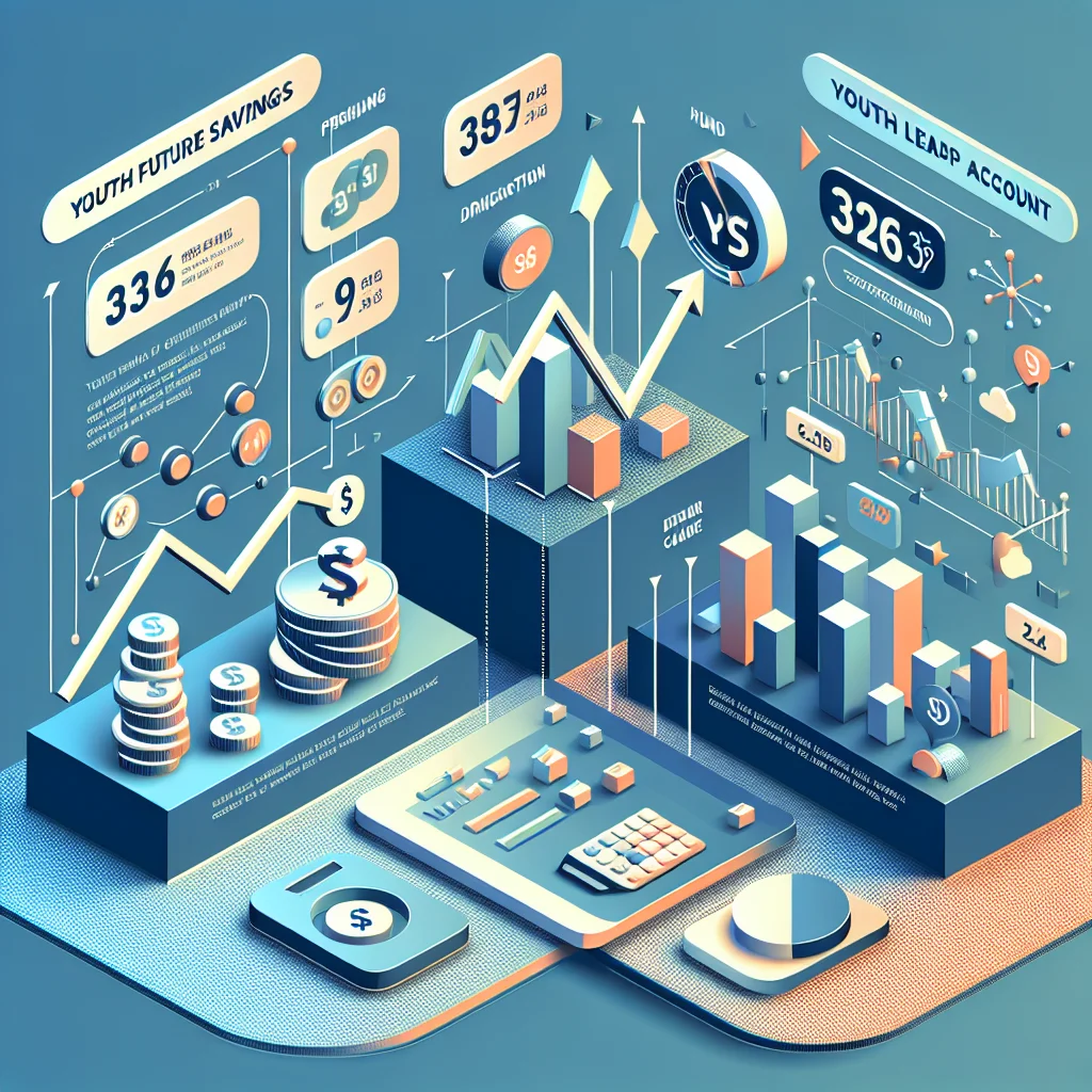 2026년 청년미래적금과 청년도약계좌의 금리 비교를 위한 현대적인 인포그래픽. 금융 성장과 전환을 나타내는 차트와 아이콘 포함.