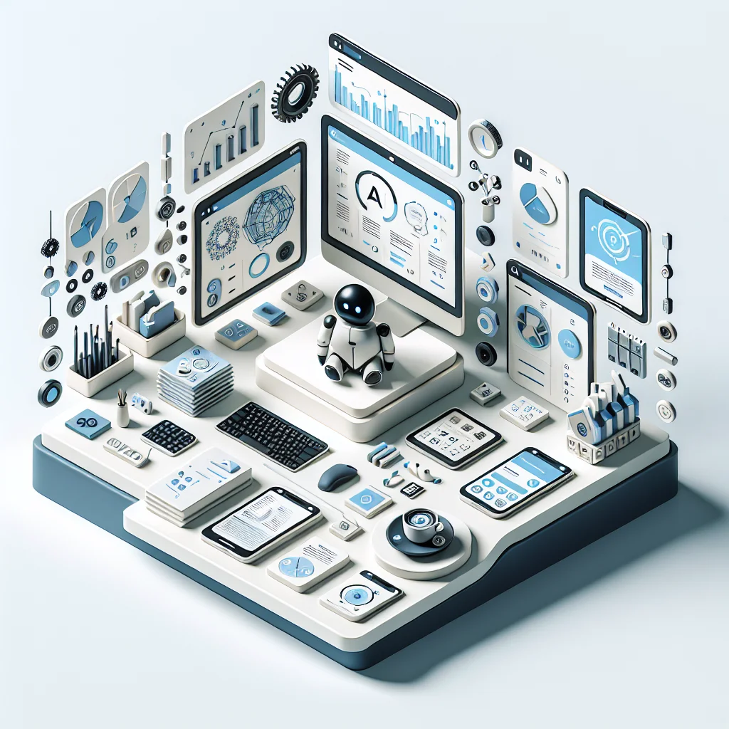 1인 기업을 위한 필수 AI 자동화 툴을 나타내는 현대적 일러스트, 미니멀리스트 책상에 다양한 디지털 툴 배치