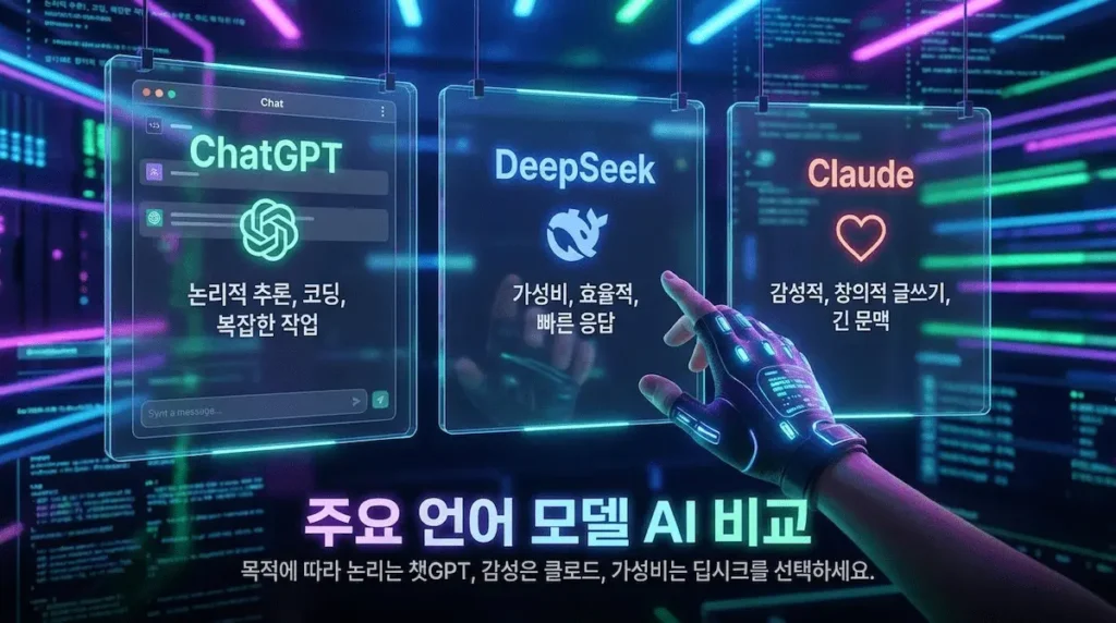2026 AI 툴 추천 중 텍스트 생성 모델인 챗GPT, 딥시크, 클로드 비교 화면