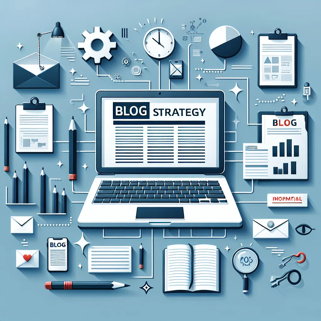 효율적인 블로그 콘텐츠 전략을 보여주는 이미지, 노트와 창의적 도구로 둘러싸인 노트북 화면