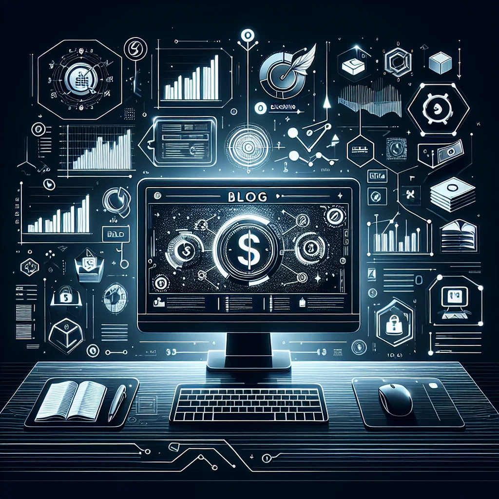 블로그수익화를 위한 현대적인 인포그래픽, 화폐와 분석 그래프, 컴퓨터 화면이 포함된 모습