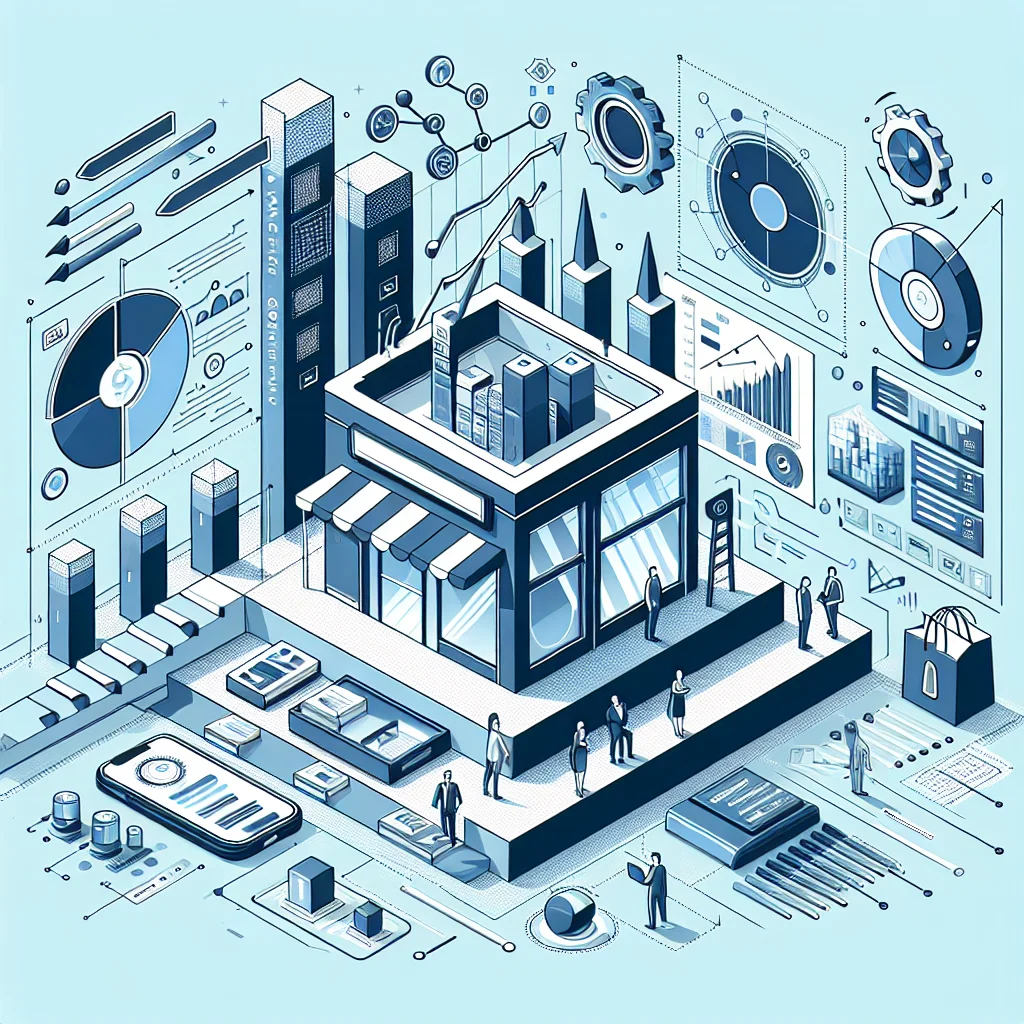 디지털 노마드 수익 전략을 위한 온라인 비즈니스 구축 및 확장을 보여주는 현대적인 일러스트입니다. 디지털 상점, 분석 차트, 확장을 상징하는 성장 화살표가 포함되어 있습니다.