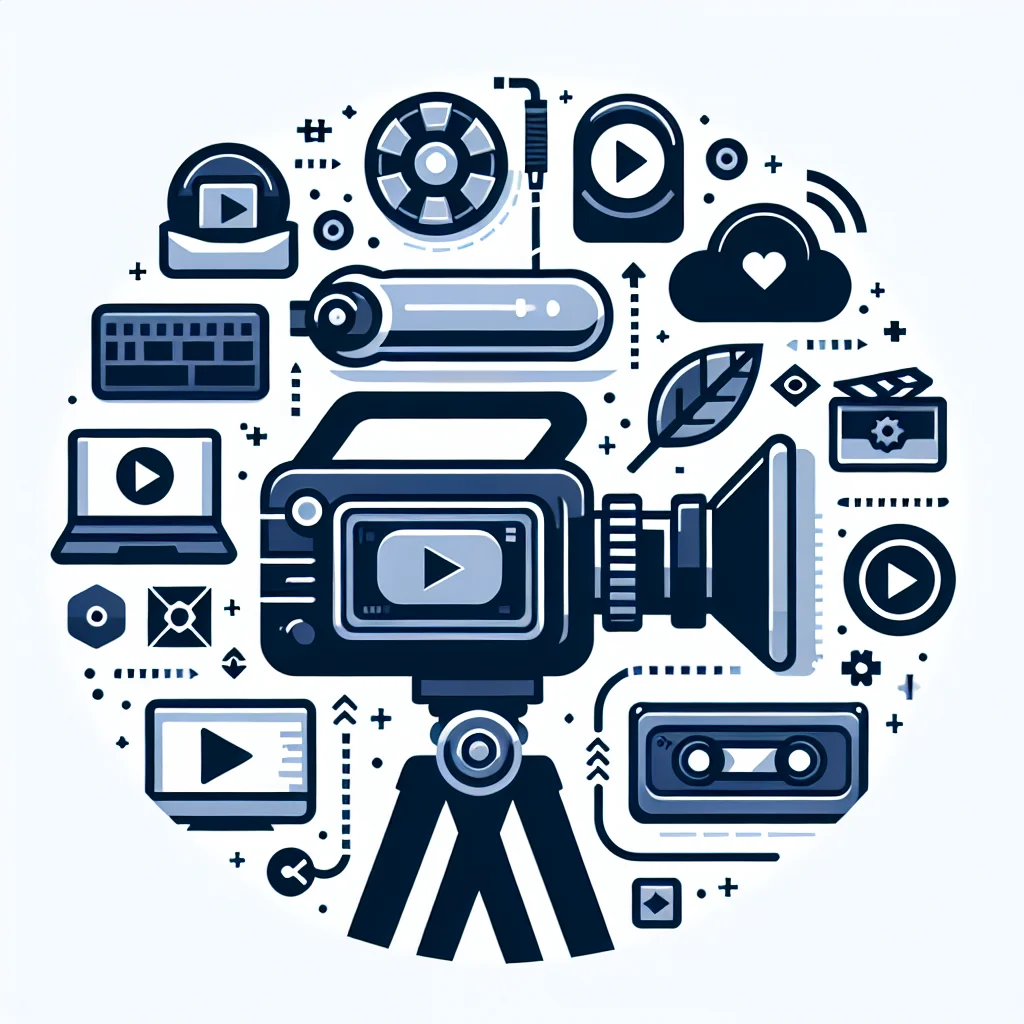 디지털 노마드 수익 전략을 위한 디지털 콘텐츠 제작을 강조하는 전문적인 그래픽입니다. 비디오 카메라, 편집 소프트웨어 인터페이스, 청중 아이콘이 포함되어 있습니다.