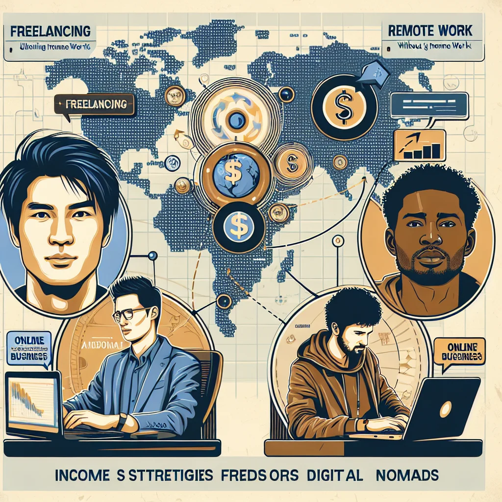 디지털 노마드 수익 전략을 설명하는 인포그래픽 이미지입니다. 프리랜서, 원격 근무, 온라인 비즈니스 개발과 같은 개념이 세계 지도와 함께 묘사되어 있습니다.