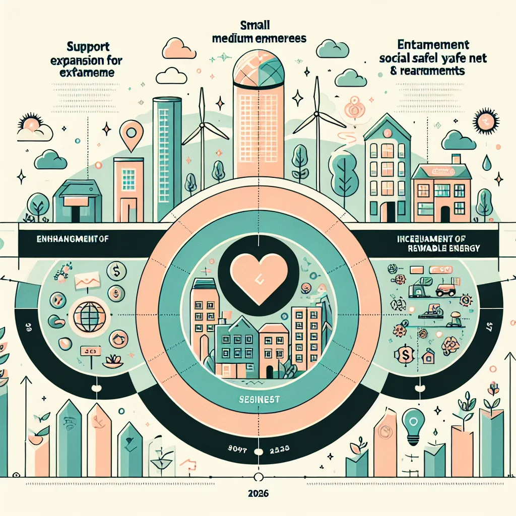 2026년 정부지원정책 변화의 핵심을 설명하는 인포그래픽. 중소기업 지원 확대, 사회안전망 강화, 재생에너지 장려 정책이 포함됨.