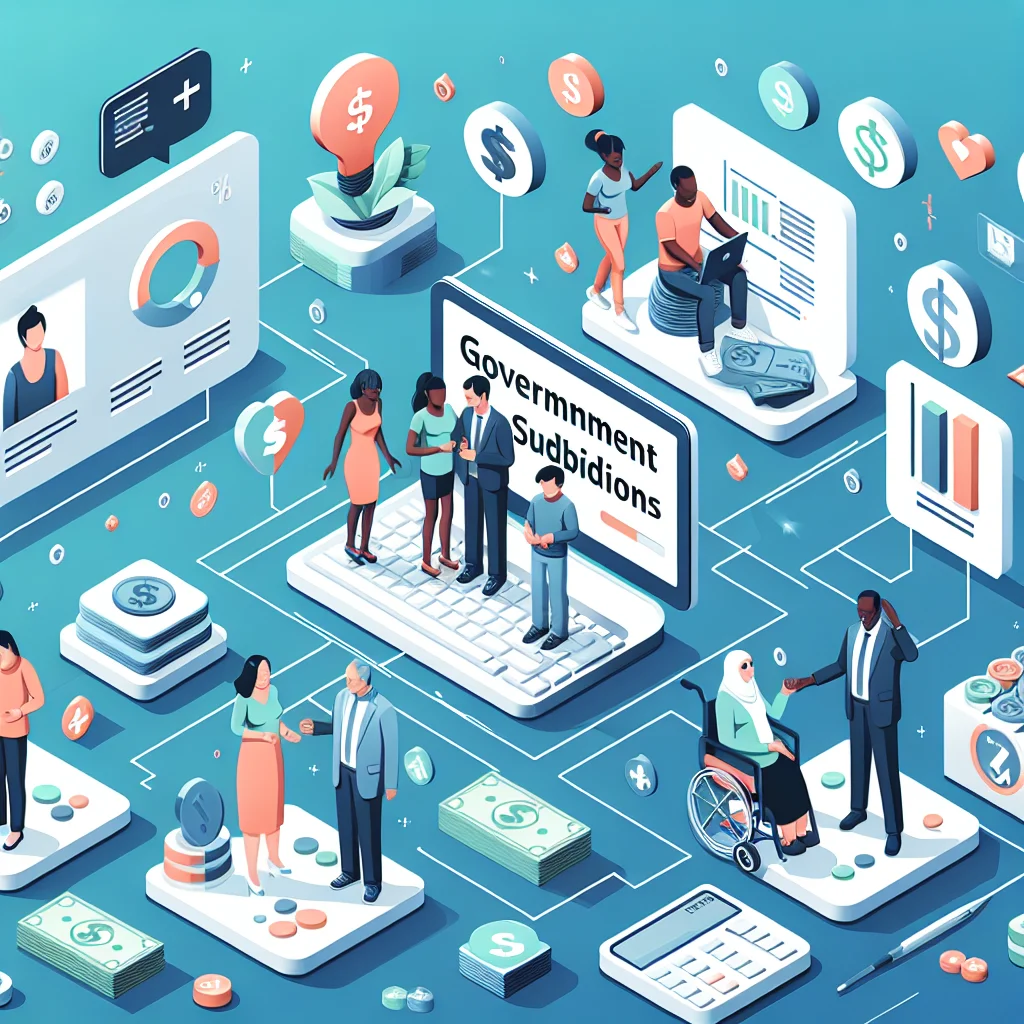 정책지원금의 다양한 솔루션을 설명하는 현대적이고 고품질의 인포그래픽. 금융 지원과 사회복지를 나타내는 다양한 사람들이 포함되어 있습니다.