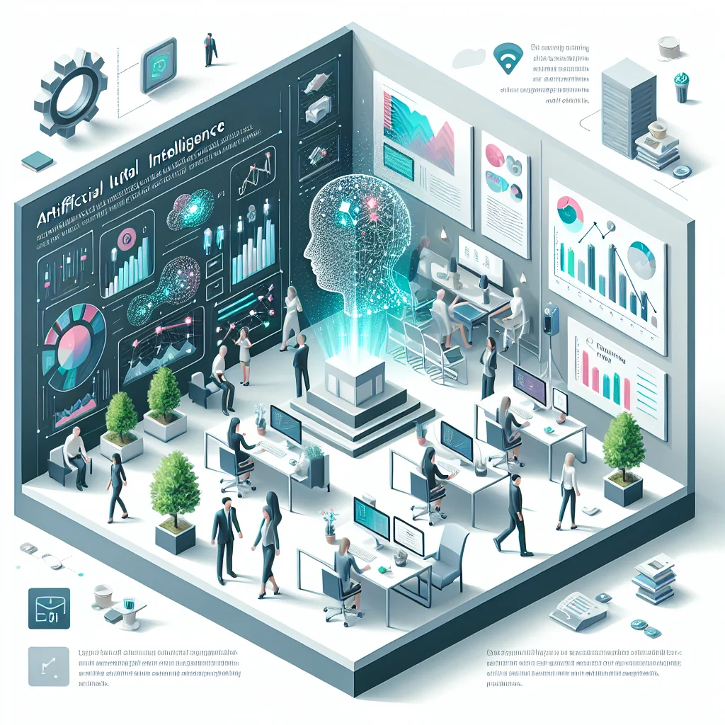 스마트워크 개념을 보여주는 현대적 인포그래픽, AI 요소가 통합된 사무실 환경